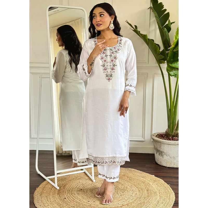 3 Pc Cream Readymade Viscose Dupatta Suit Set - JD986600336