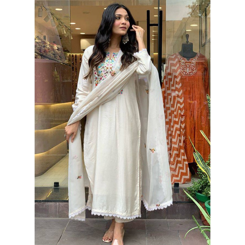 3 Pc Cream Readymade Viscose Dupatta Suit Set - JD986600337