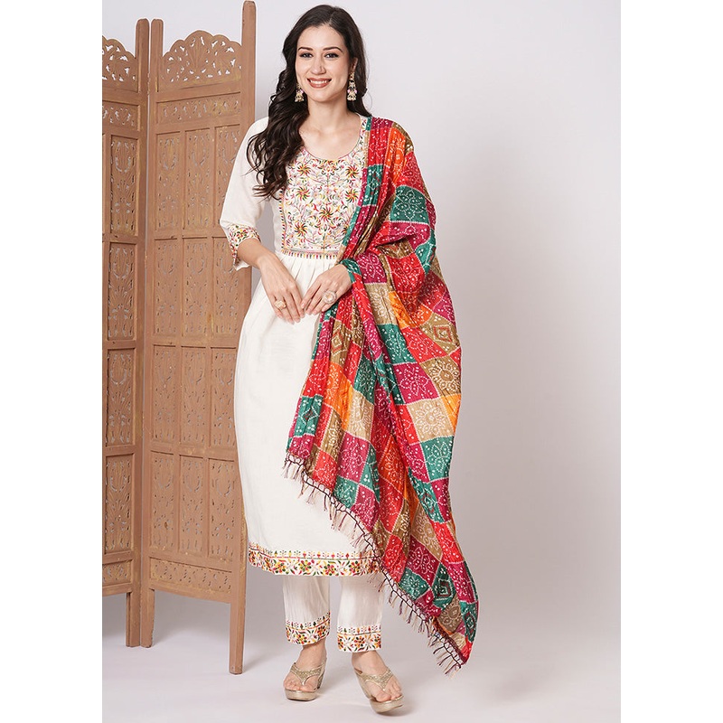 3 Pc Cream Readymade Viscose Dupatta Suit Set - JD986600338