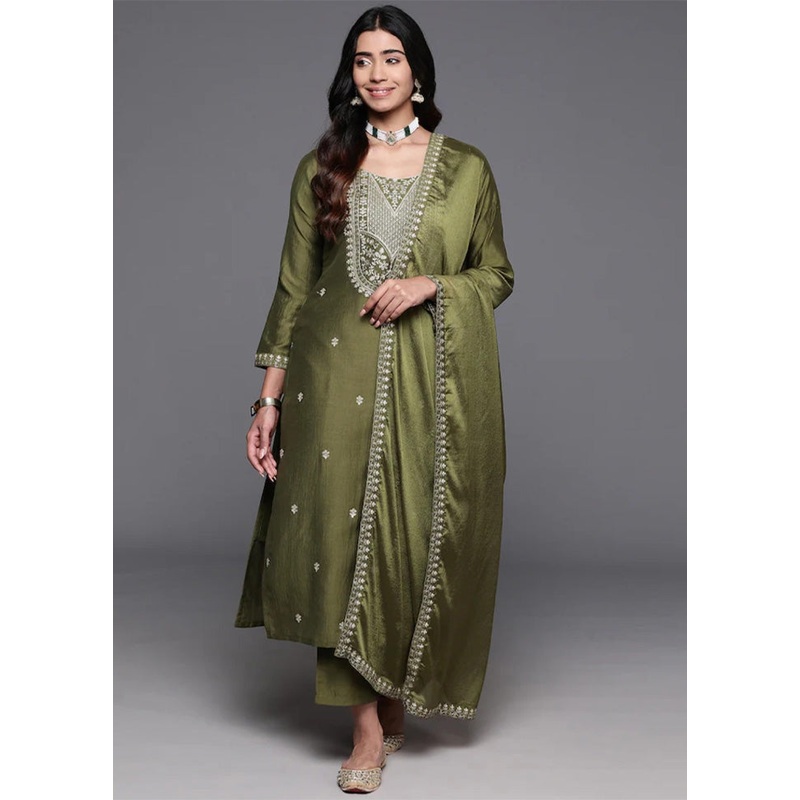 3 Pc Green Readymade Chanderi Dupatta Suit Set - JD986600334