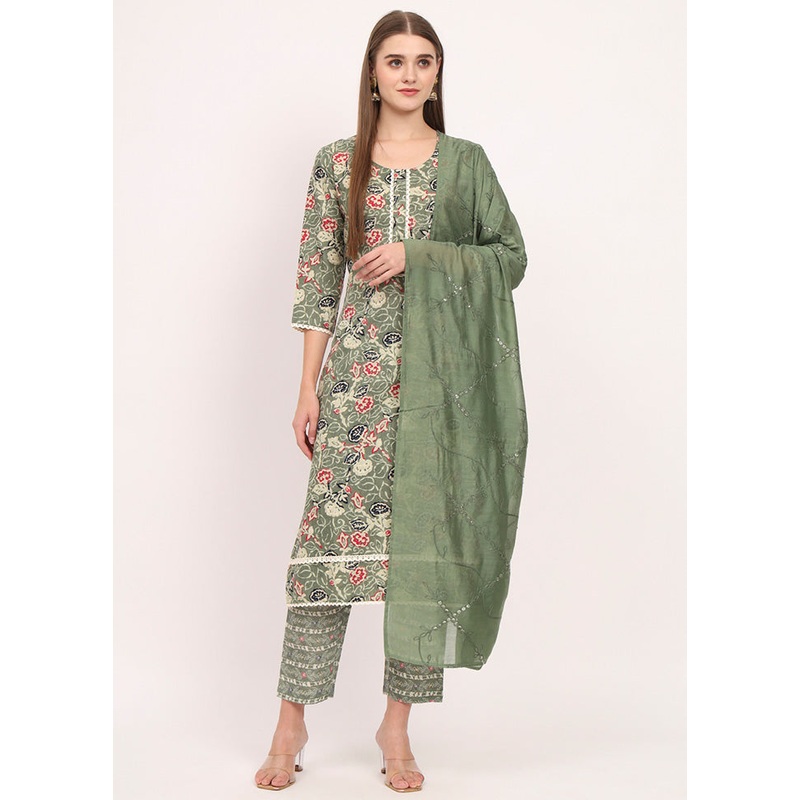 3 Pc Green Readymade Cotton Dupatta Suit Set - JD986600331