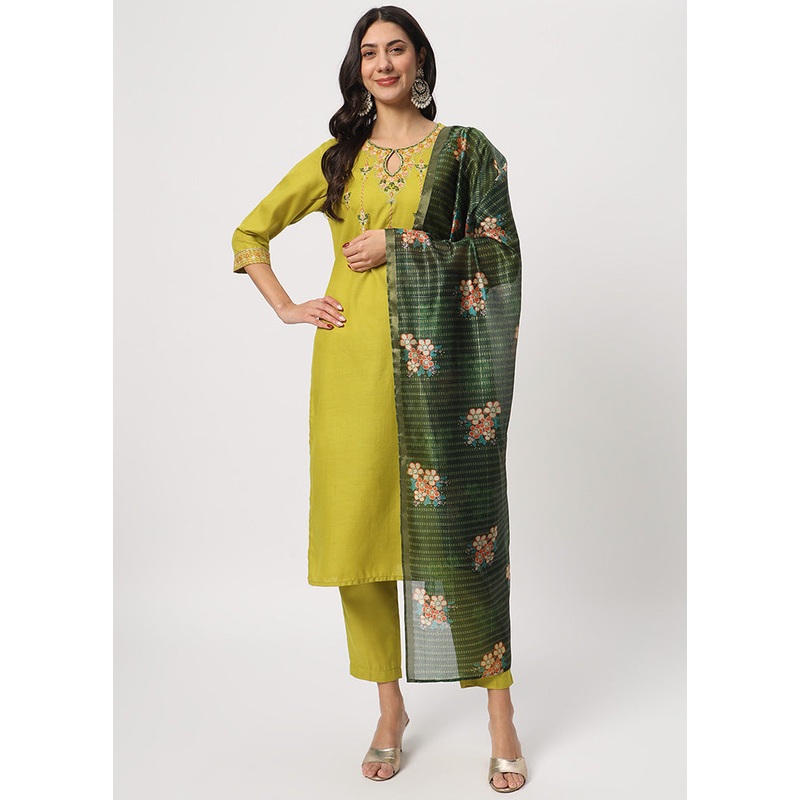 3 Pc Green Readymade Cotton Dupatta Suit Set - JD986600332