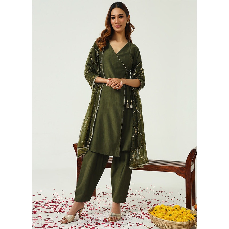 3 Pc Green Readymade Silk Dupatta Suit Set - JD986600328