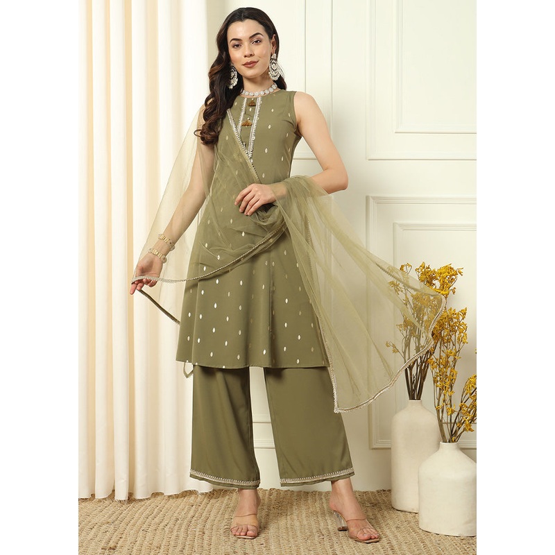 3 Pc Green Readymade Silk Dupatta Suit Set - JD986600329
