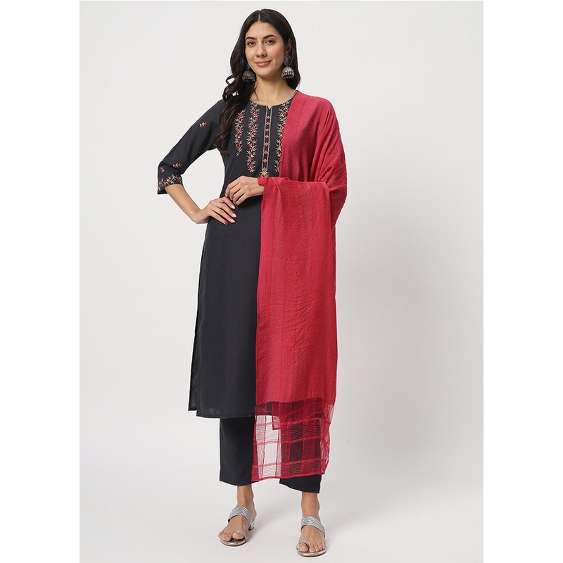 3 Pc Grey Readymade Cotton Dupatta Suit Set - JD986600325
