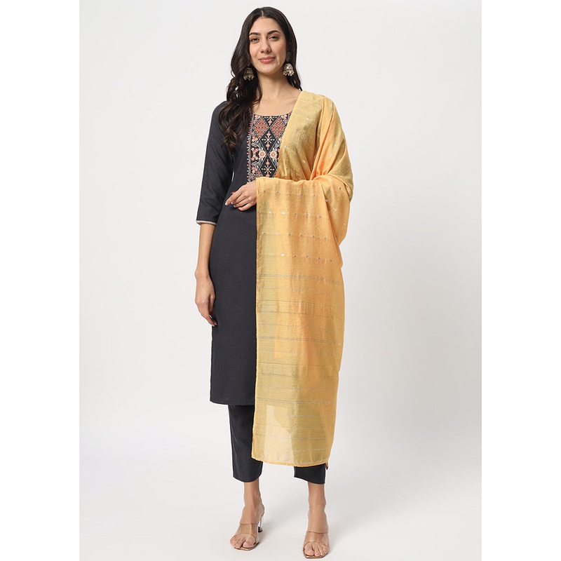 3 Pc Grey Readymade Cotton Dupatta Suit Set - JD986600326