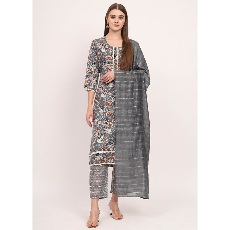 3 Pc Grey Readymade Cotton Dupatta Suit Set - JD986600327