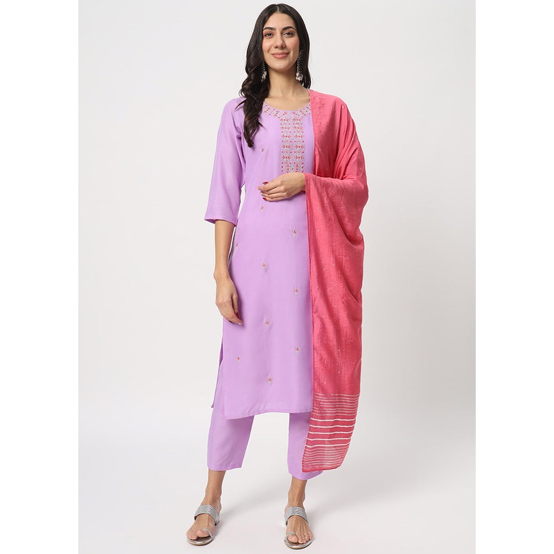 3 Pc Lavender Readymade Cotton Dupatta Suit Set - JD986600324