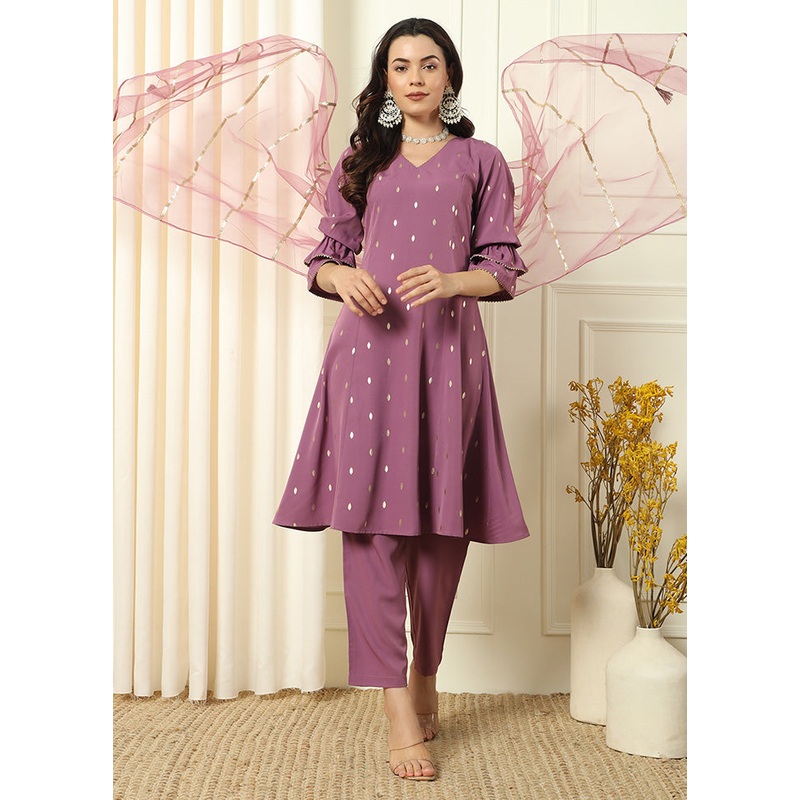 3 Pc Lavender Readymade Silk Dupatta Suit Set - JD986600323