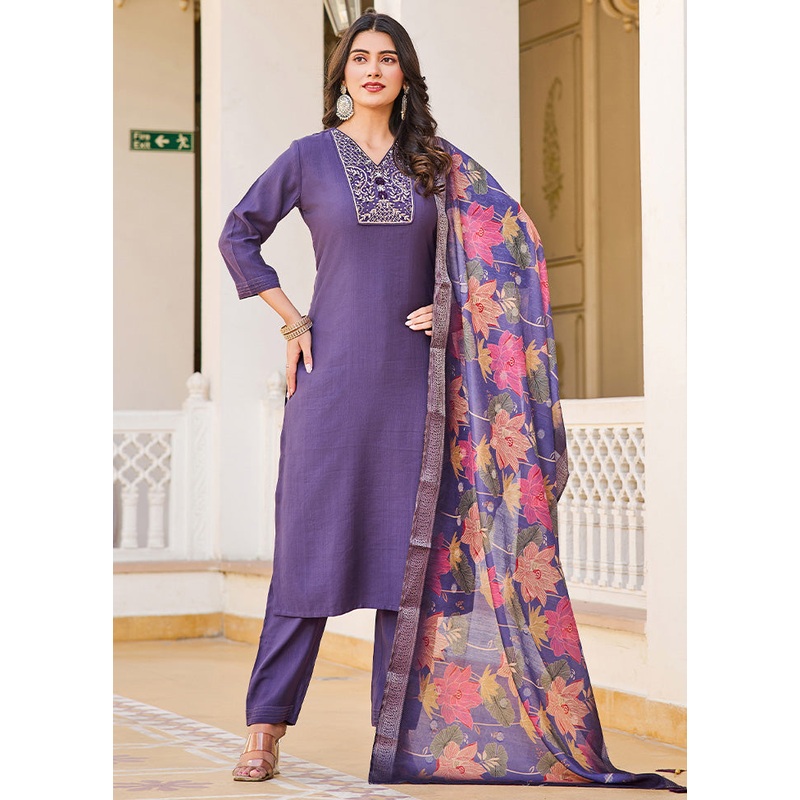 3 Pc Turquoise Readymade Silk Dupatta Suit Set - JD986600242