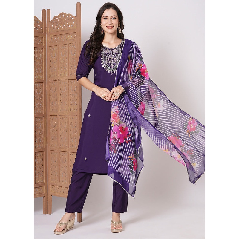 3 Pc Voilet Readymade Chanderi Dupatta Suit Set - JD986600241