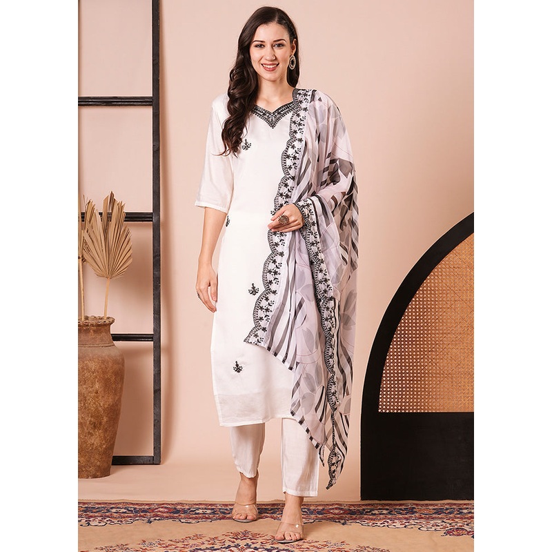 3 Pc White Readymade Chanderi Dupatta Suit Set - JD986600237