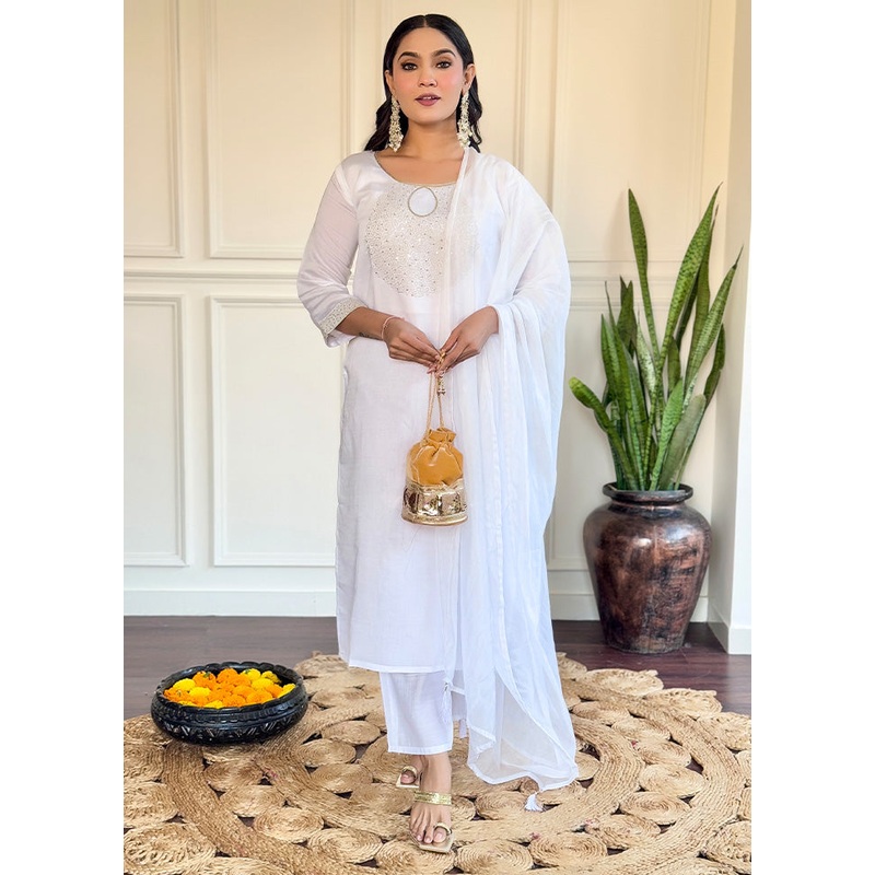 3 Pc White Readymade Chanderi Dupatta Suit Set - JD986600238