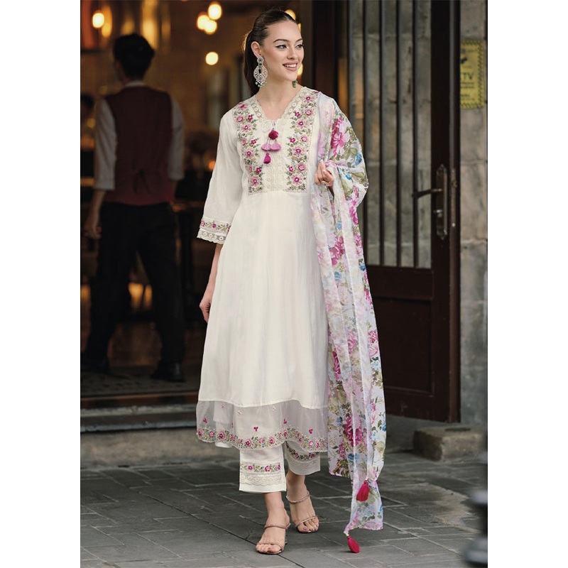 3 Pc White Readymade Chanderi Dupatta Suit Set - JD986600239