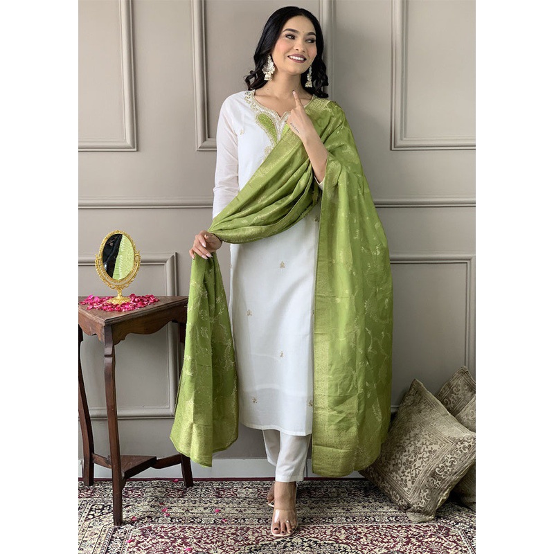 3 Pc White Readymade Chanderi Dupatta Suit Set - JD986600240