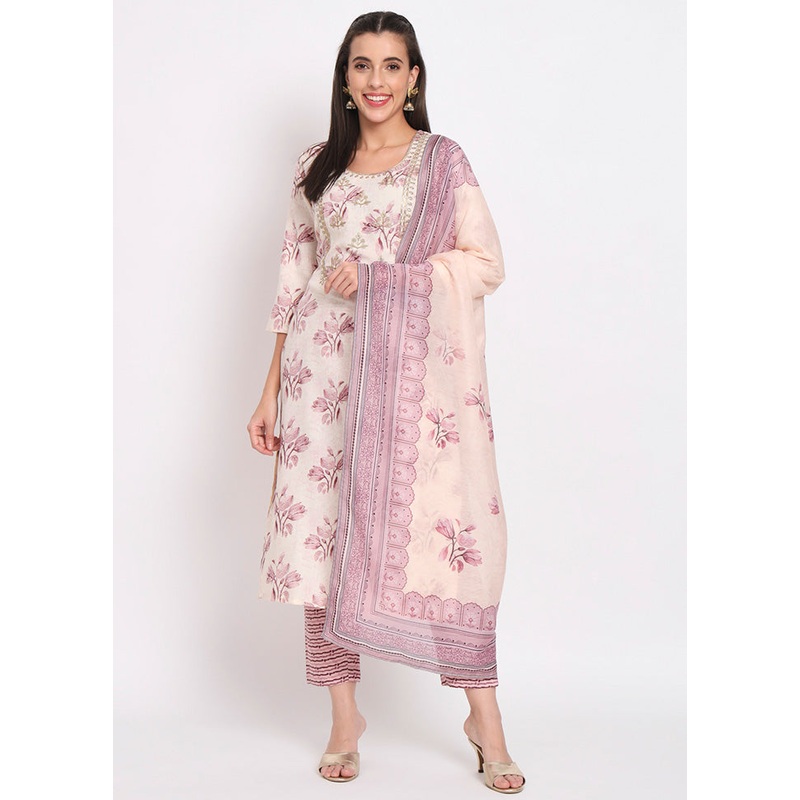 3 Pc White Readymade Cotton Dupatta Suit Set - JD986600236