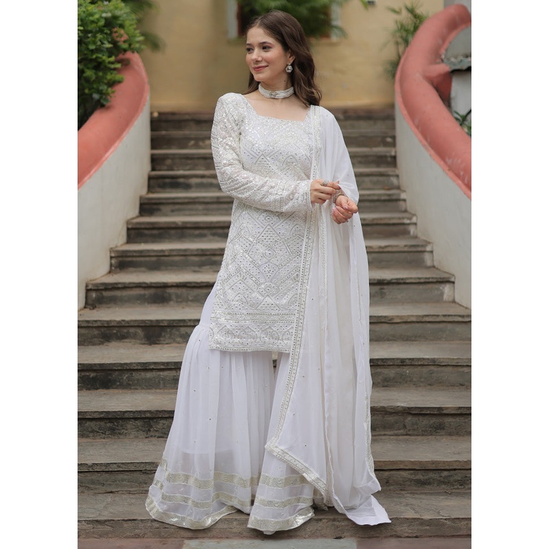 3 Pc White Readymade Georgette Dupatta Suit Set - JD986600232