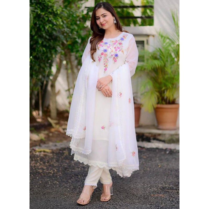 3 Pc White Readymade Georgette Dupatta Suit Set - JD986600233