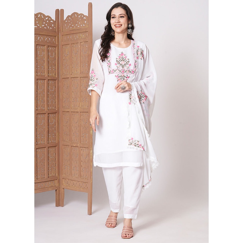 3 Pc White Readymade Georgette Dupatta Suit Set - JD986600234