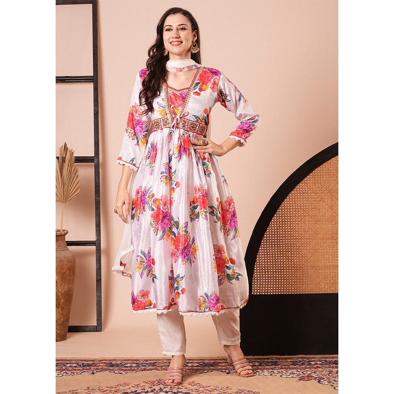 3 Pc White Readymade Silk Dupatta Suit Set - JD986600230