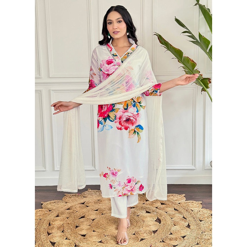 3 Pc White Readymade Silk Dupatta Suit Set - JD986600231