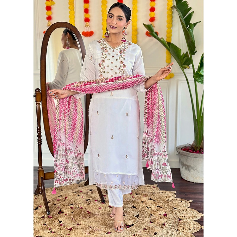 3 Pc White Readymade Viscose Dupatta Suit Set - JD986600228