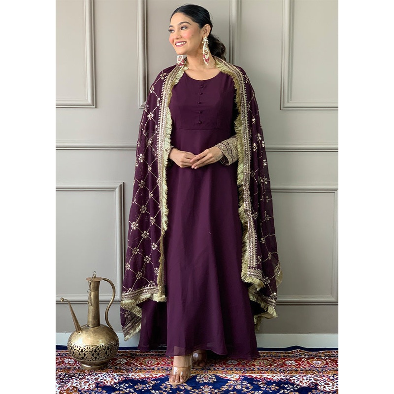 3 Pc Wine Readymade Georgette Dupatta Suit Set - JD986600227