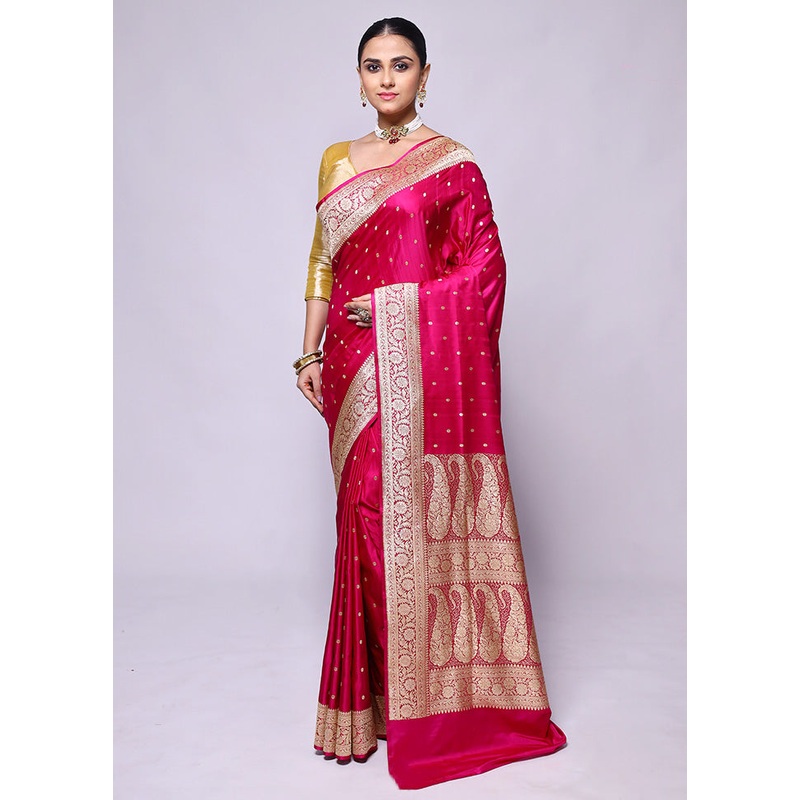 Pink Handloom Banarasi Pure Silk Saree With Blouse Piece - JD986600419