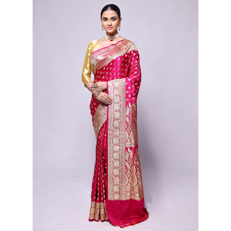 Pink Handloom Banarasi Pure Silk Saree With Blouse Piece - JD986600421