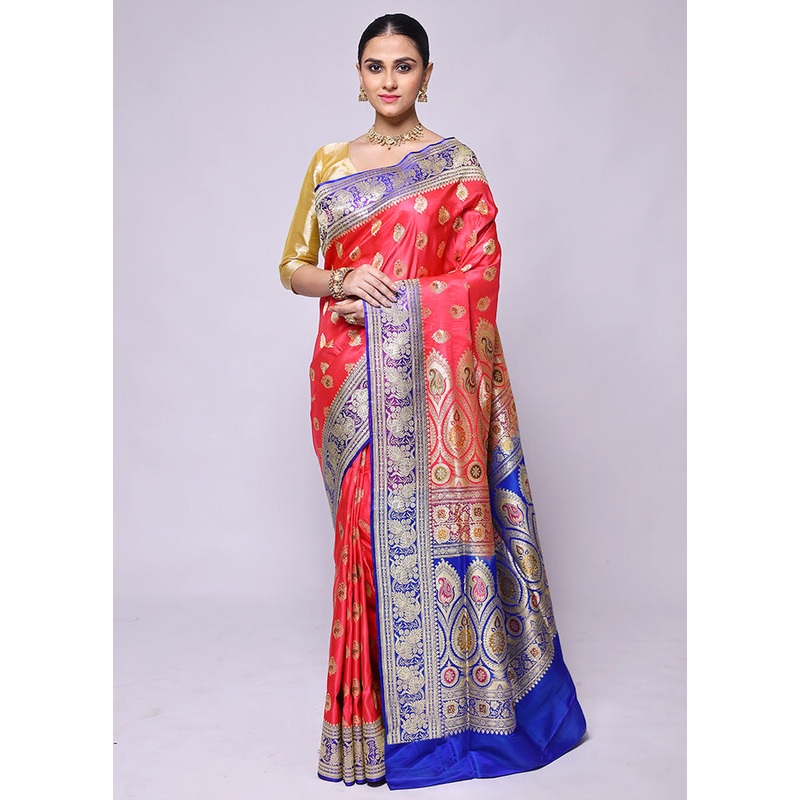 Pink Handloom Banarasi Pure Silk Saree With Blouse Piece - JD986600422