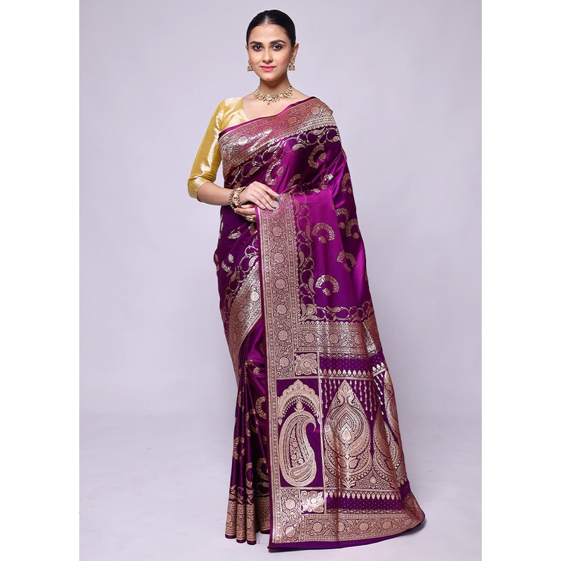 Purple Banarasi Silk Saree With Blouse Piece - JD986600416