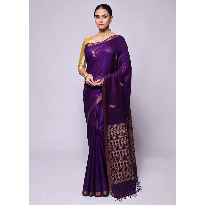 Purple Handloom Tussar Pure Silk Saree With Blouse Piece - JD986600410