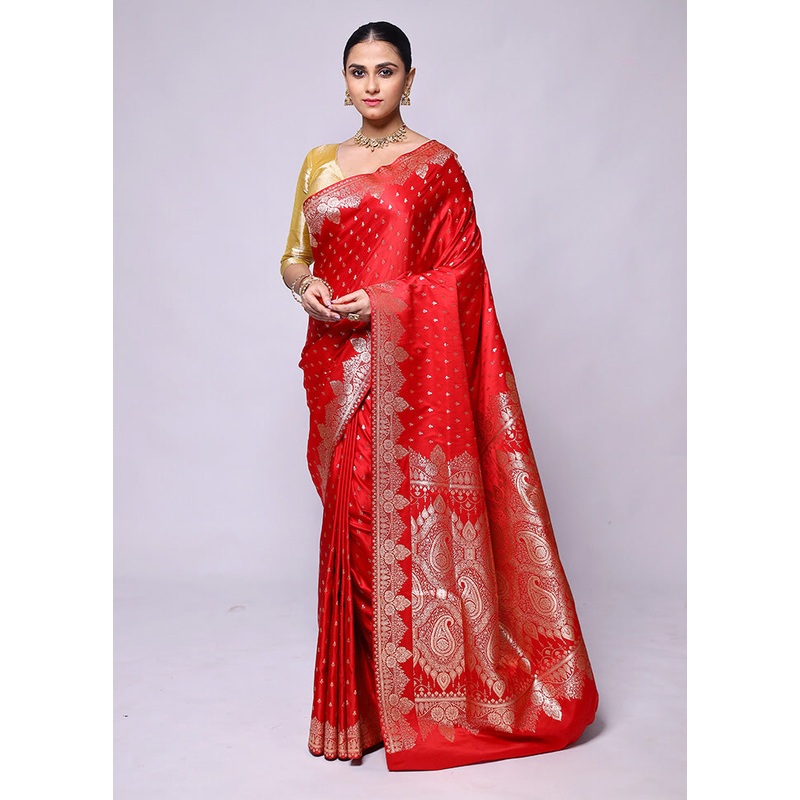 Red Banarasi Silk Saree With Blouse Piece - JD986600401