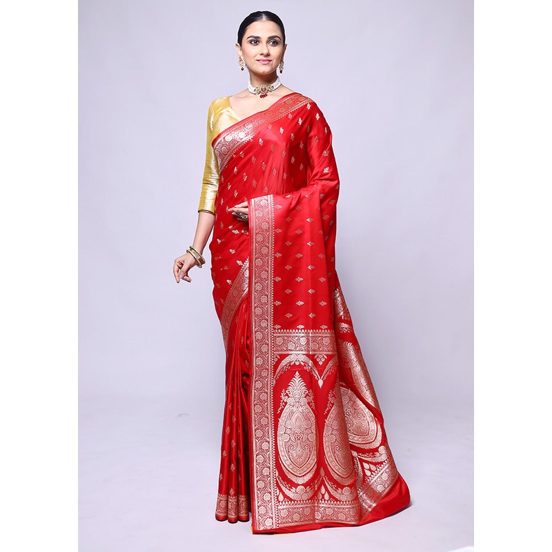 Red Banarasi Silk Saree With Blouse Piece - JD986600402