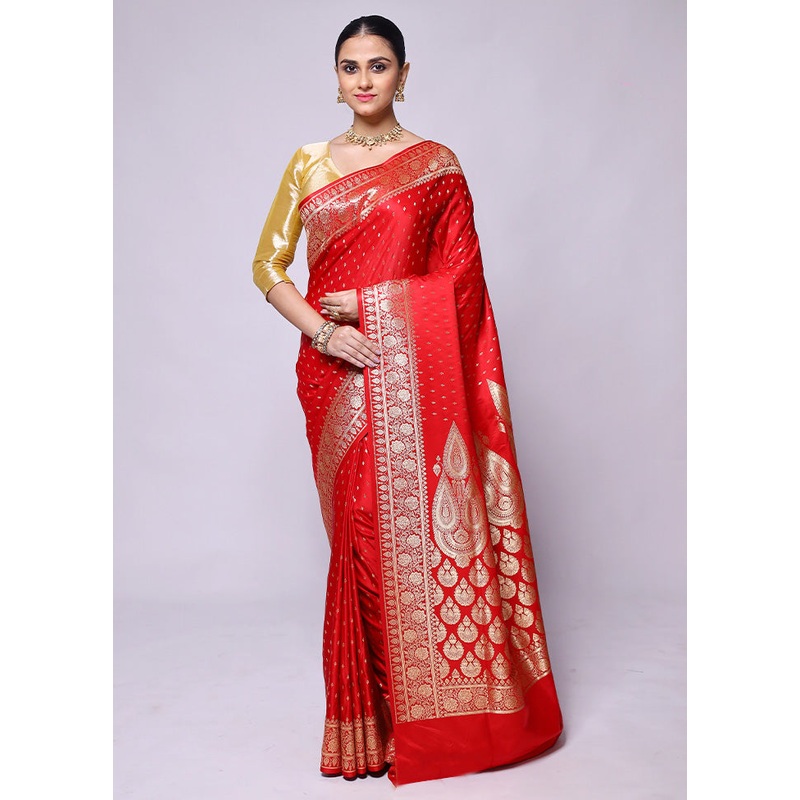Red Banarasi Silk Saree With Blouse Piece - JD986600403