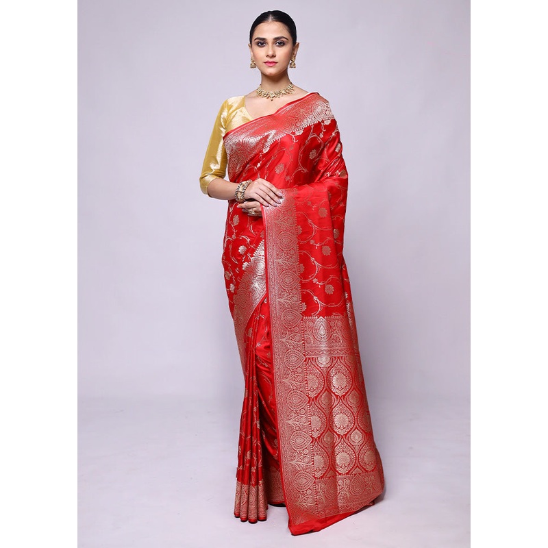 Red Banarasi Silk Saree With Blouse Piece - JD986600404