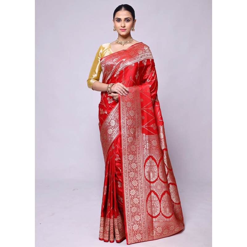 Red Banarasi Silk Saree With Blouse Piece - JD986600405