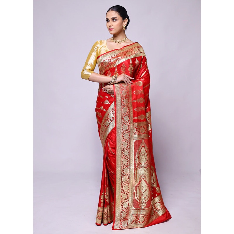 Red Banarasi Silk Saree With Blouse Piece - JD986600406