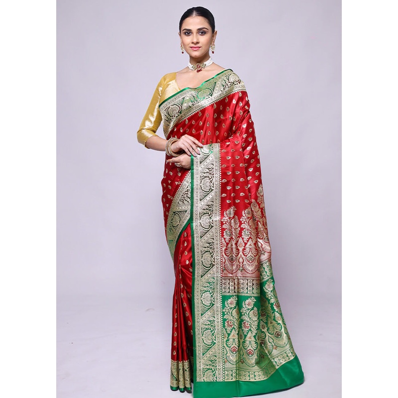 Red Handloom Banarasi Pure Silk Saree With Blouse Piece - JD986600395
