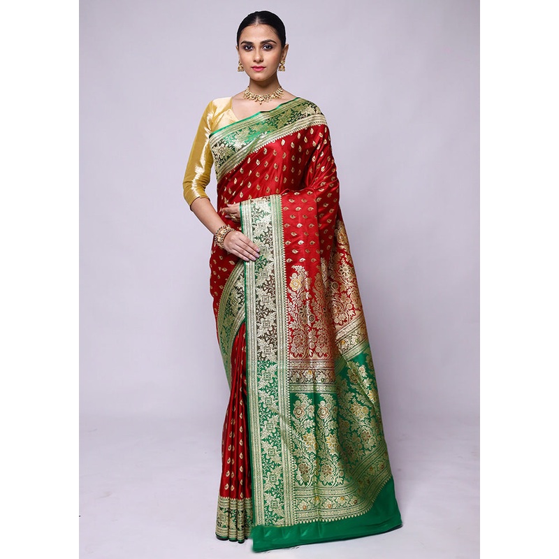 Red Handloom Banarasi Pure Silk Saree With Blouse Piece - JD986600396