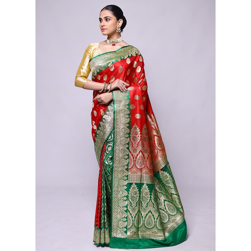 Red Handloom Banarasi Pure Silk Saree With Blouse Piece - JD986600397