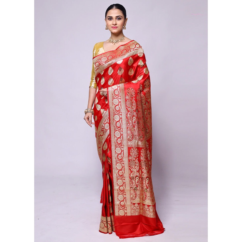 Red Handloom Banarasi Pure Silk Saree With Blouse Piece - JD986600398