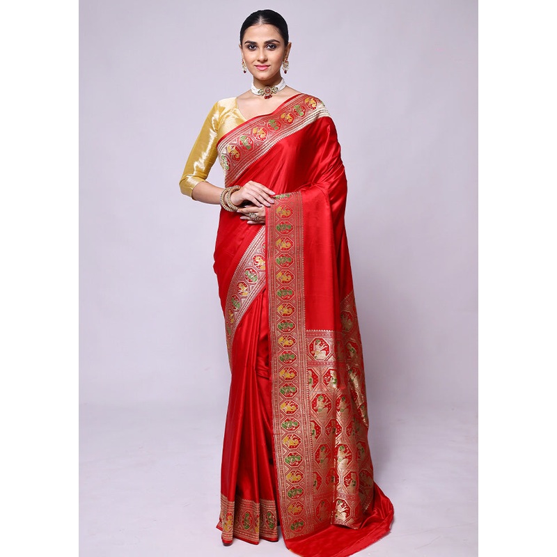 Red Handloom Banarasi Pure Silk Saree With Blouse Piece - JD986600399