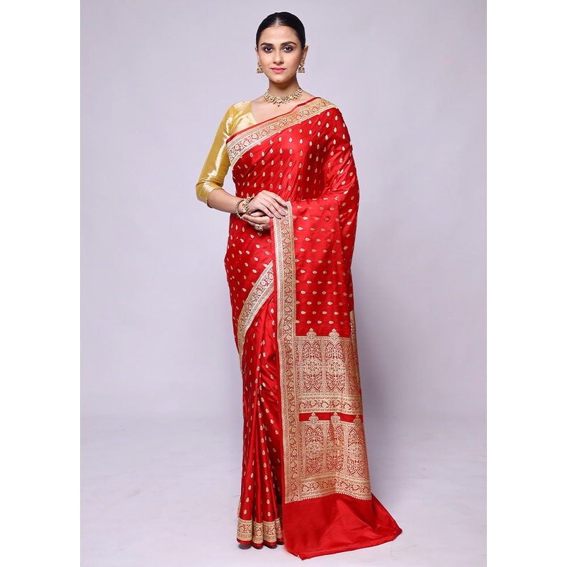 Red Handloom Banarasi Pure Silk Saree With Blouse Piece - JD986600400
