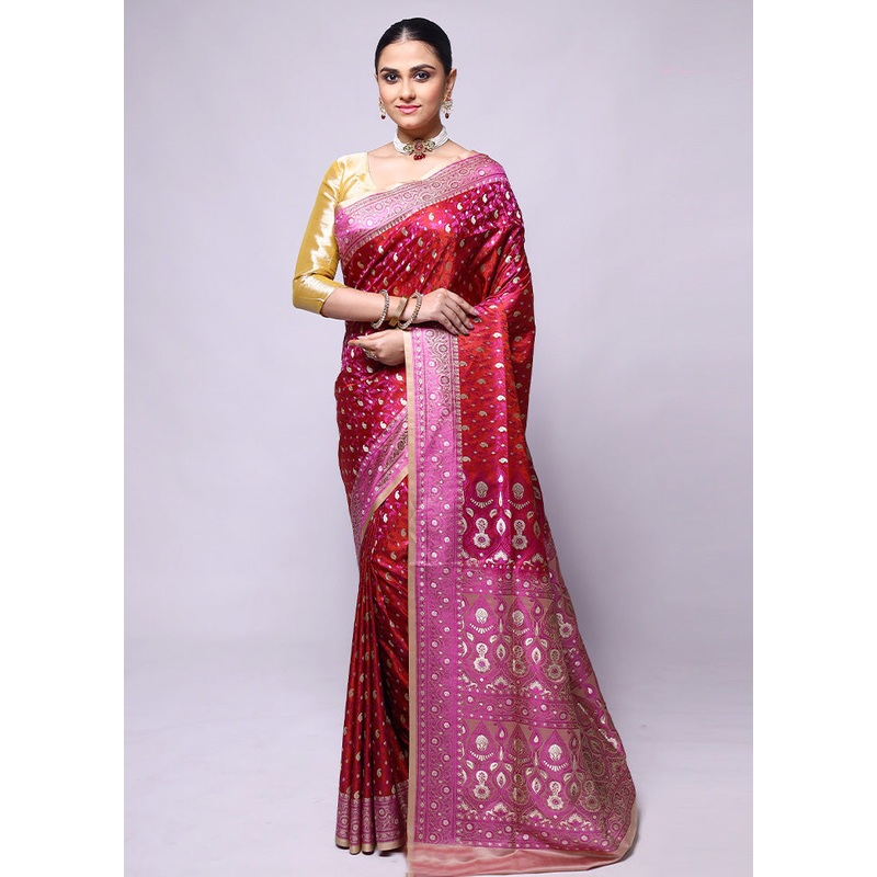Red Tanchoi Silk Saree With Blouse Piece - JD986600394