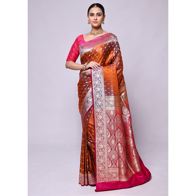 Rust Banarasi Silk Saree With Blouse Piece - JD986600393