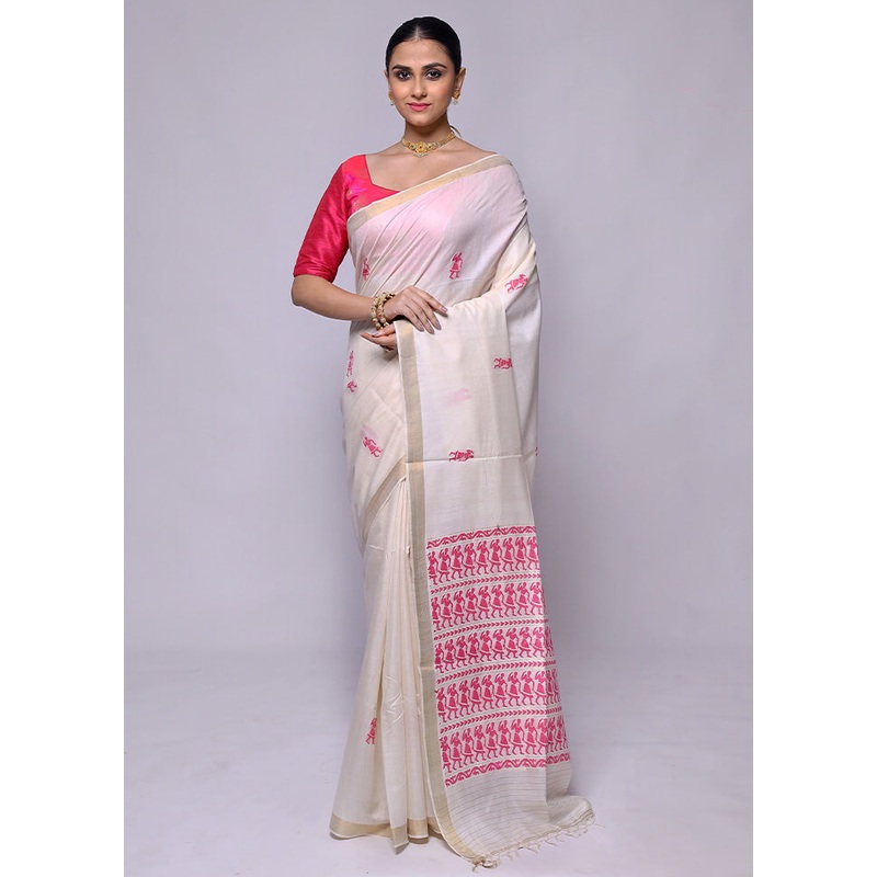 White Handloom Tussar Pure Silk Saree With Blouse Piece - JD986600392