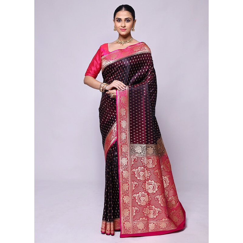 Wine Banarasi Silk Saree With Blouse Piece - JD986600389