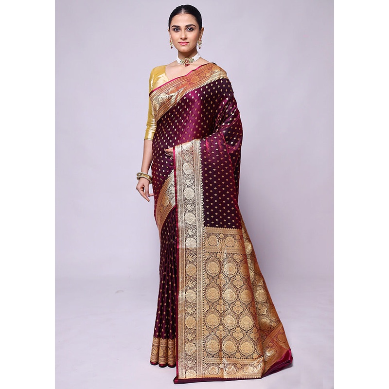 Wine Banarasi Silk Saree With Blouse Piece - JD986600390