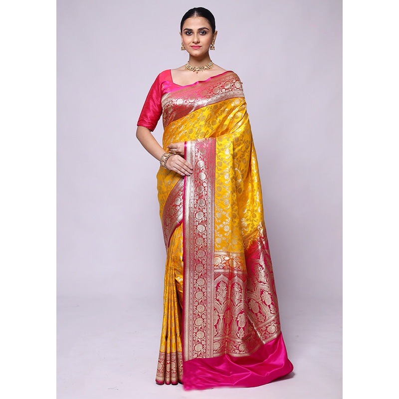 Yellow Handloom Banarasi Pure Silk Saree With Blouse Piece - JD986600388
